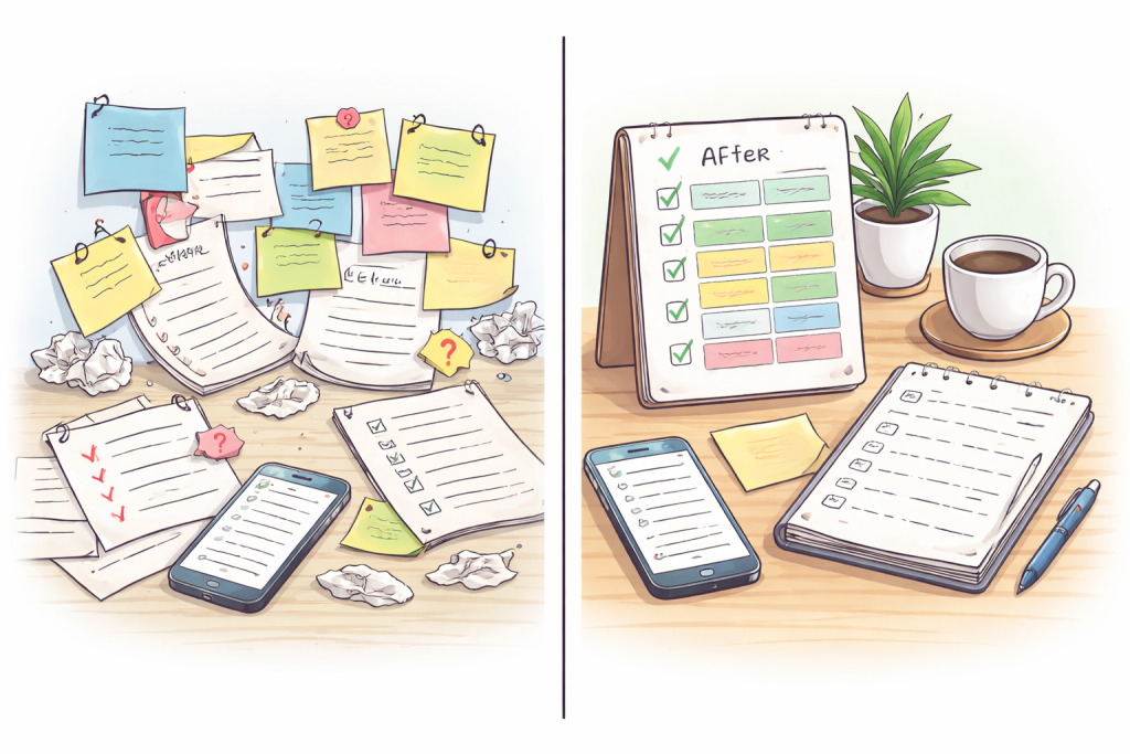 タスクが終わらない状態と、工数見積もりによって仕事が整理された状態の比較イラスト