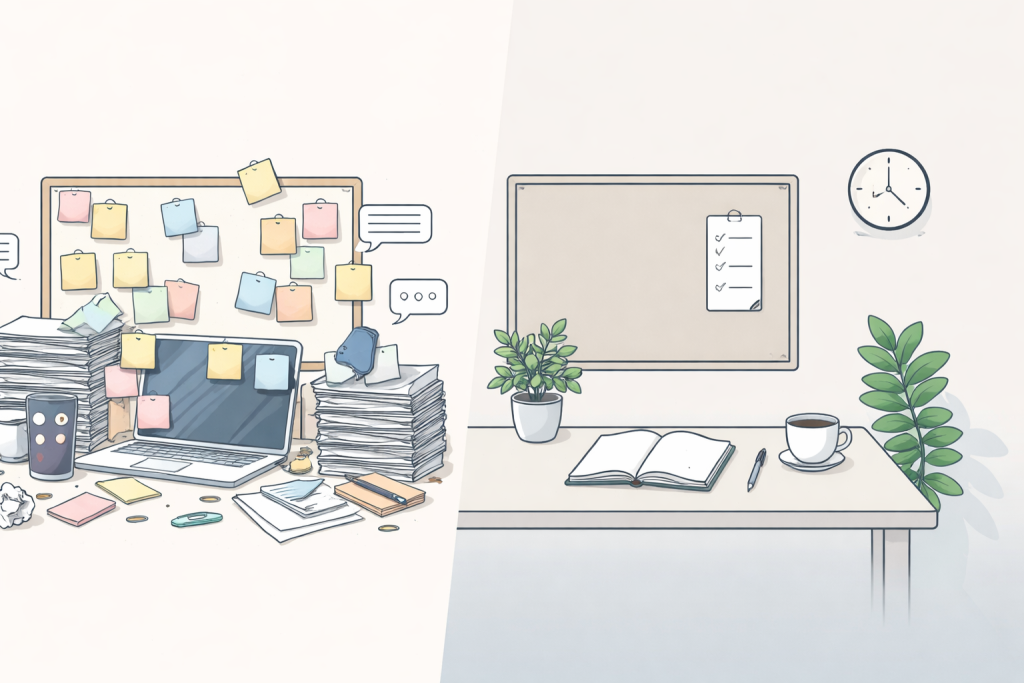 仕事を断る勇気ではなく、自分がやらない仕事を選べる状態を表したBefore/Afterイラスト