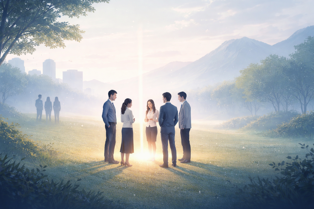 仮想敵や外部参照から自走する組織へ移行していくチームビルディングのイメージイラスト